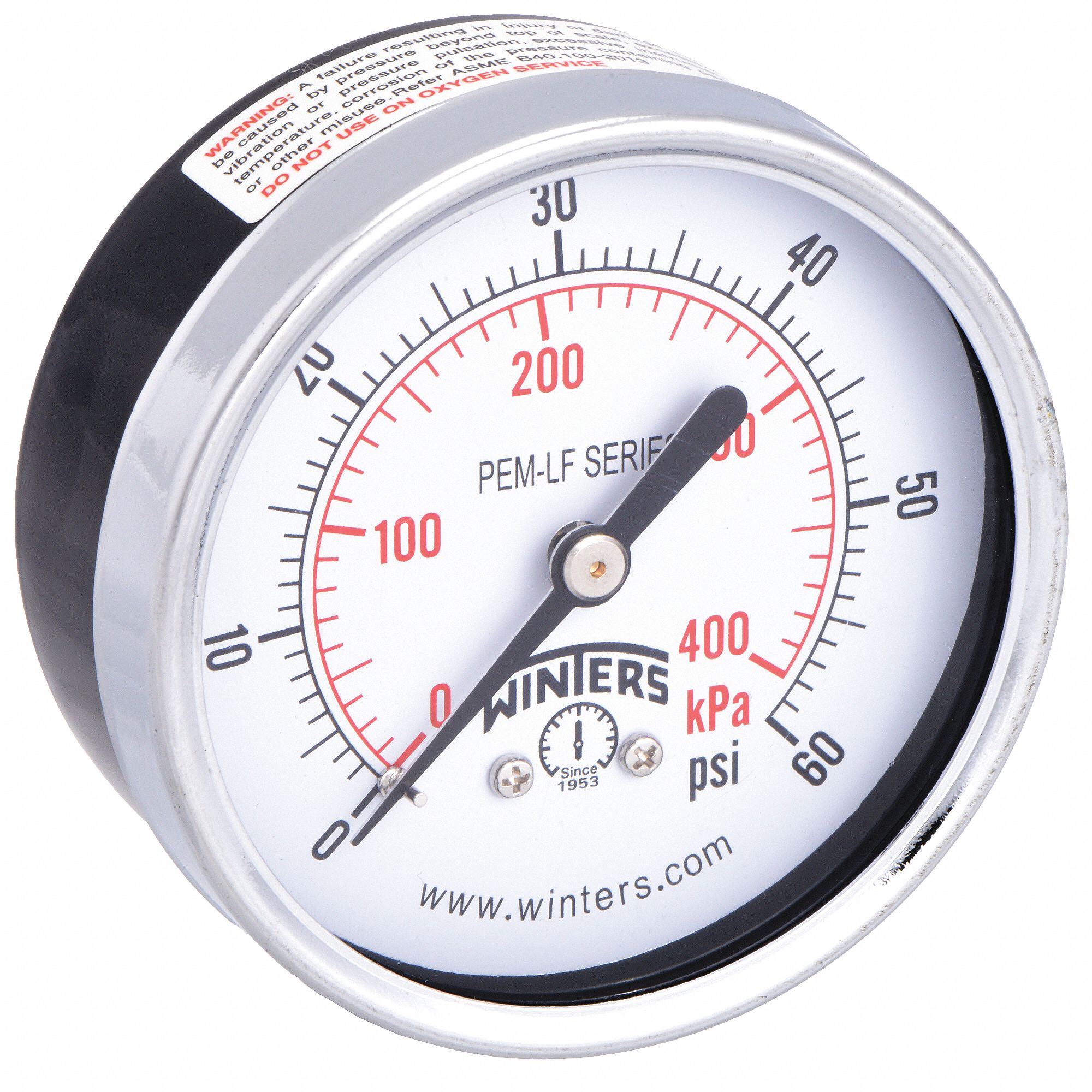LEAD-FREE PRESSURE GAUGE, 0 PSI TO 60 PSI, 2 1/2 IN DIAL, 1/4 IN NPT MALE, CENTRE BACK, IP52
