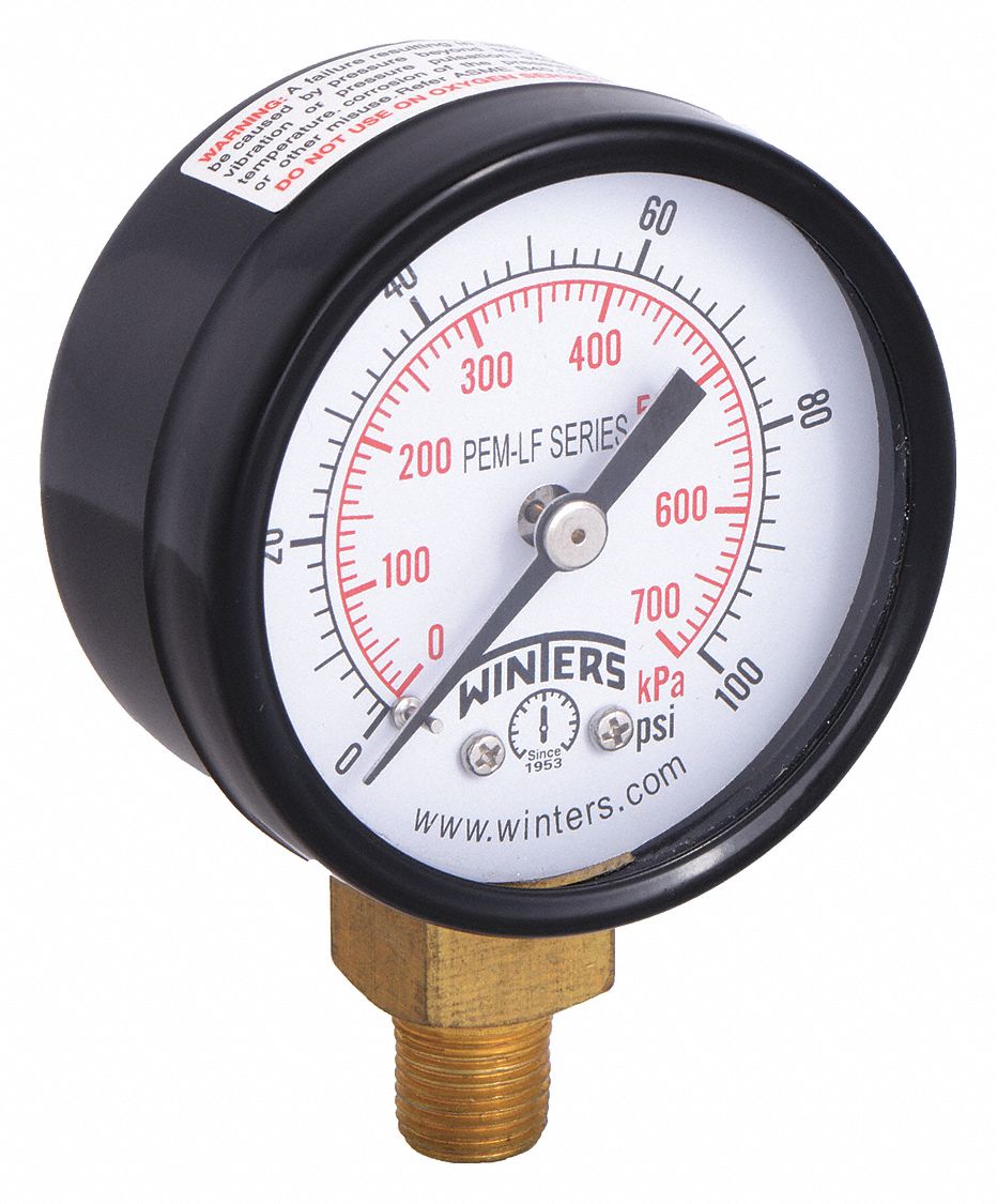 LEAD-FREE PRESSURE GAUGE, 0 PSI TO 100 PSI, 2 IN DIAL, 1/8 IN NPT MALE, BOTTOM, STEEL, IP52