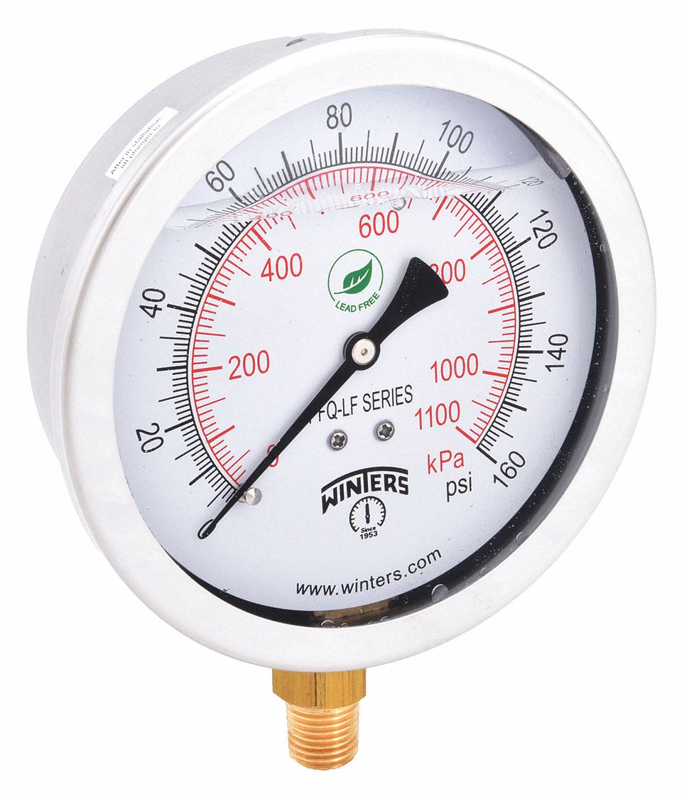 WINTERS, LiquidFilled, 0 to 160 psi, LeadFree Pressure Gauge 36TW12