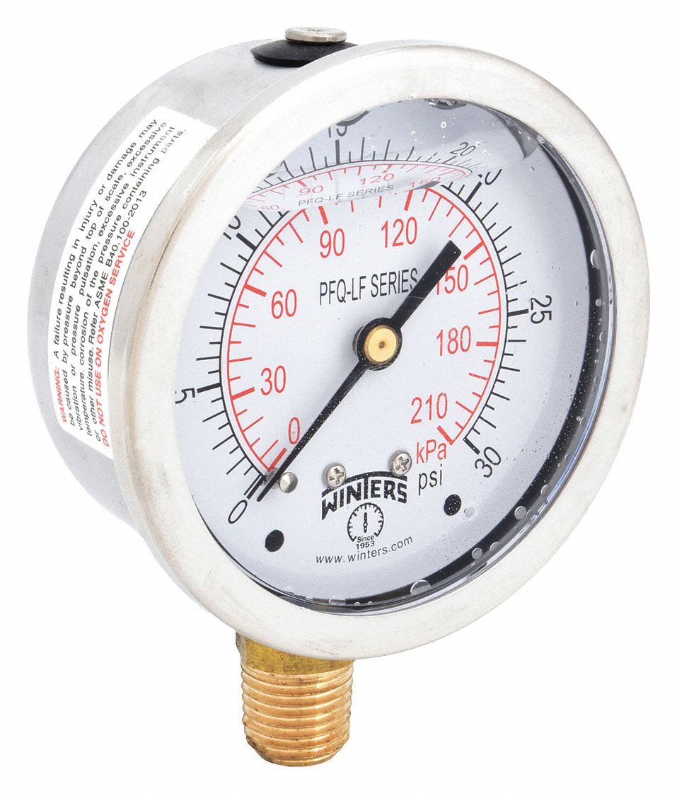 WINTERS Lead-Free Pressure Gauge: Liquid-Filled, 0 to 30 psi, 2 1/2 in  Dial, 1/4 in NPT Male, Bottom