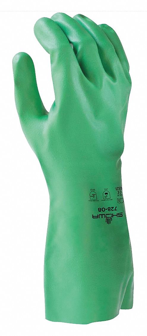 SHOWA 728 CHEMICAL-RESISTANT GLOVES, GREEN, 15 MIL, 13 IN LENGTH, UNSUPPORTED