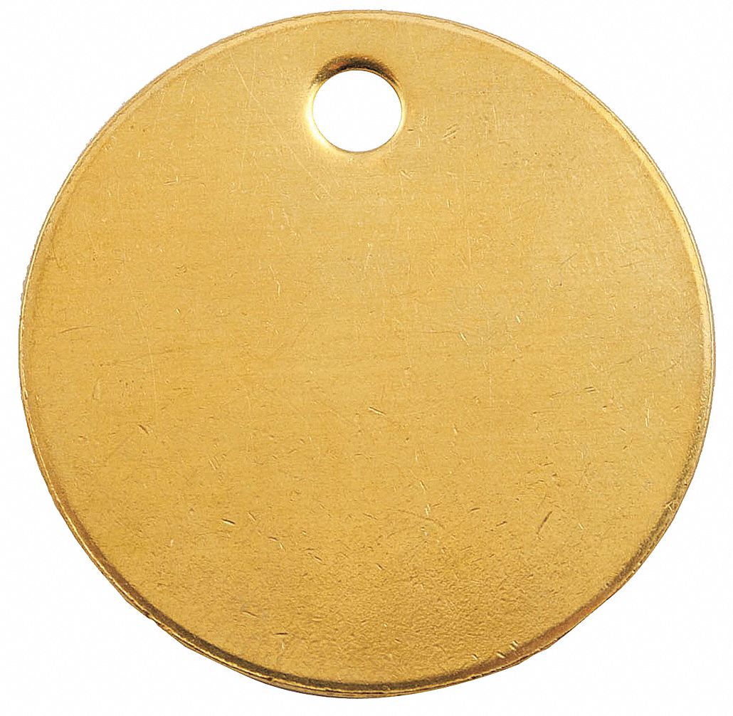 Blank Tag: Brass, Yellow, 0.04 in Thick, Round, 25 PK