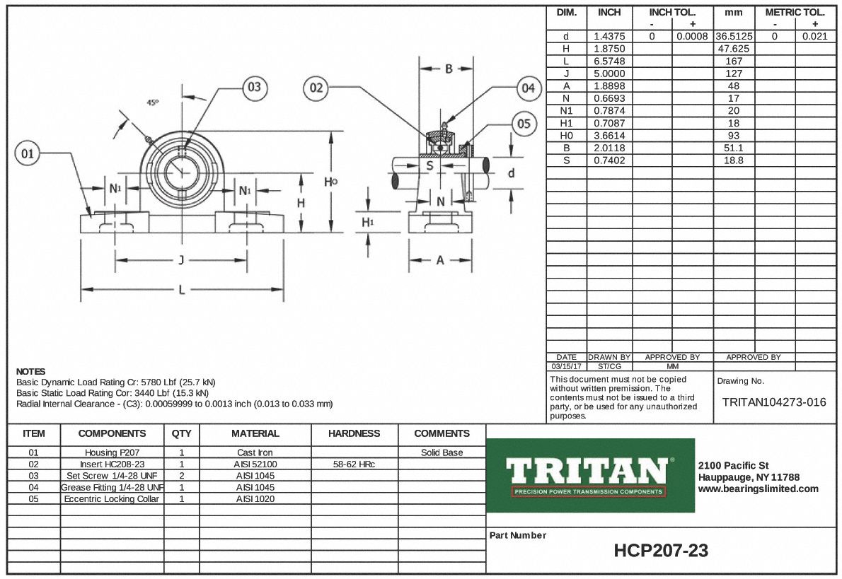 TRITAN Pillow Block Bearing 1 7/16 in Bore Dia., Eccentric Locking Collar, Cast Iron 36UX68