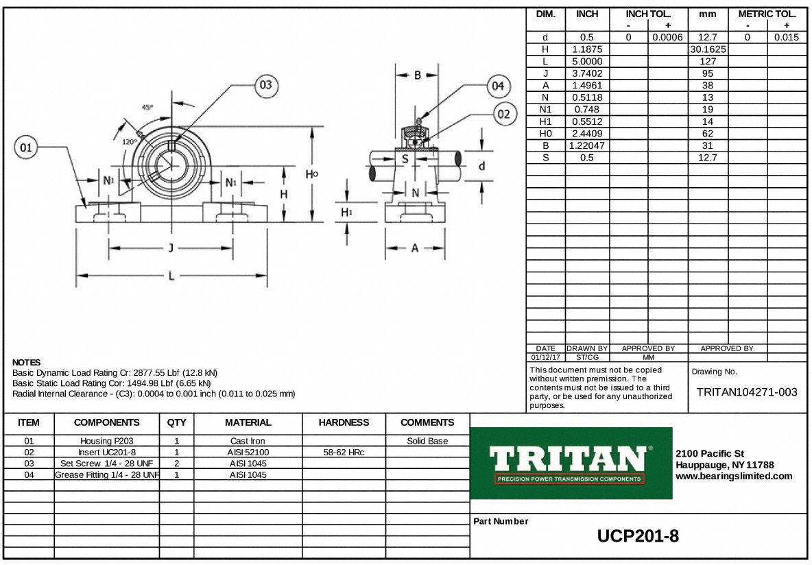 TRITAN Pillow Block Bearing 1/2 in Bore Dia., Set Screw, Cast Iron