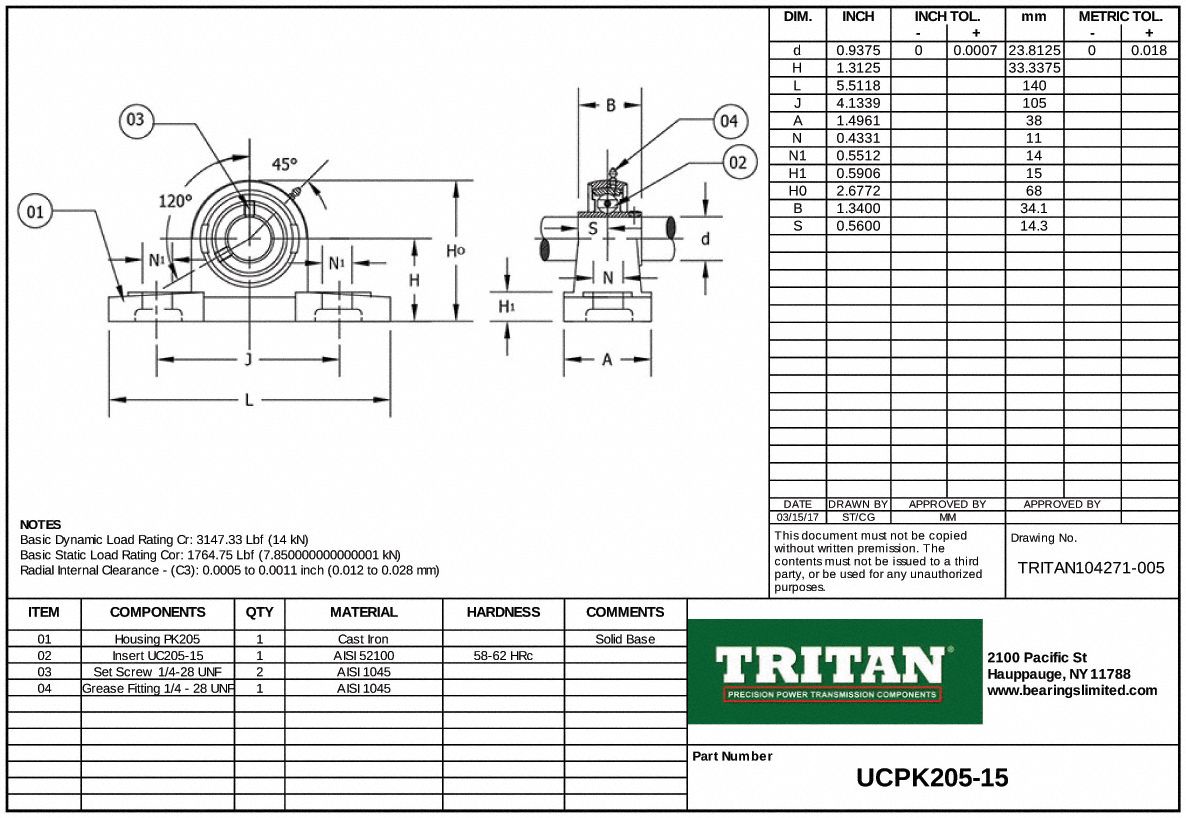 TRITAN Pillow Block Bearing 15/16 in Bore Dia., Set Screw, Cast Iron