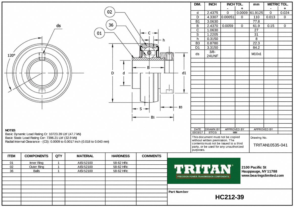 TRITAN Insert Ball Bearing 2 7/16 in Bore Dia., 110 mm Outside Dia