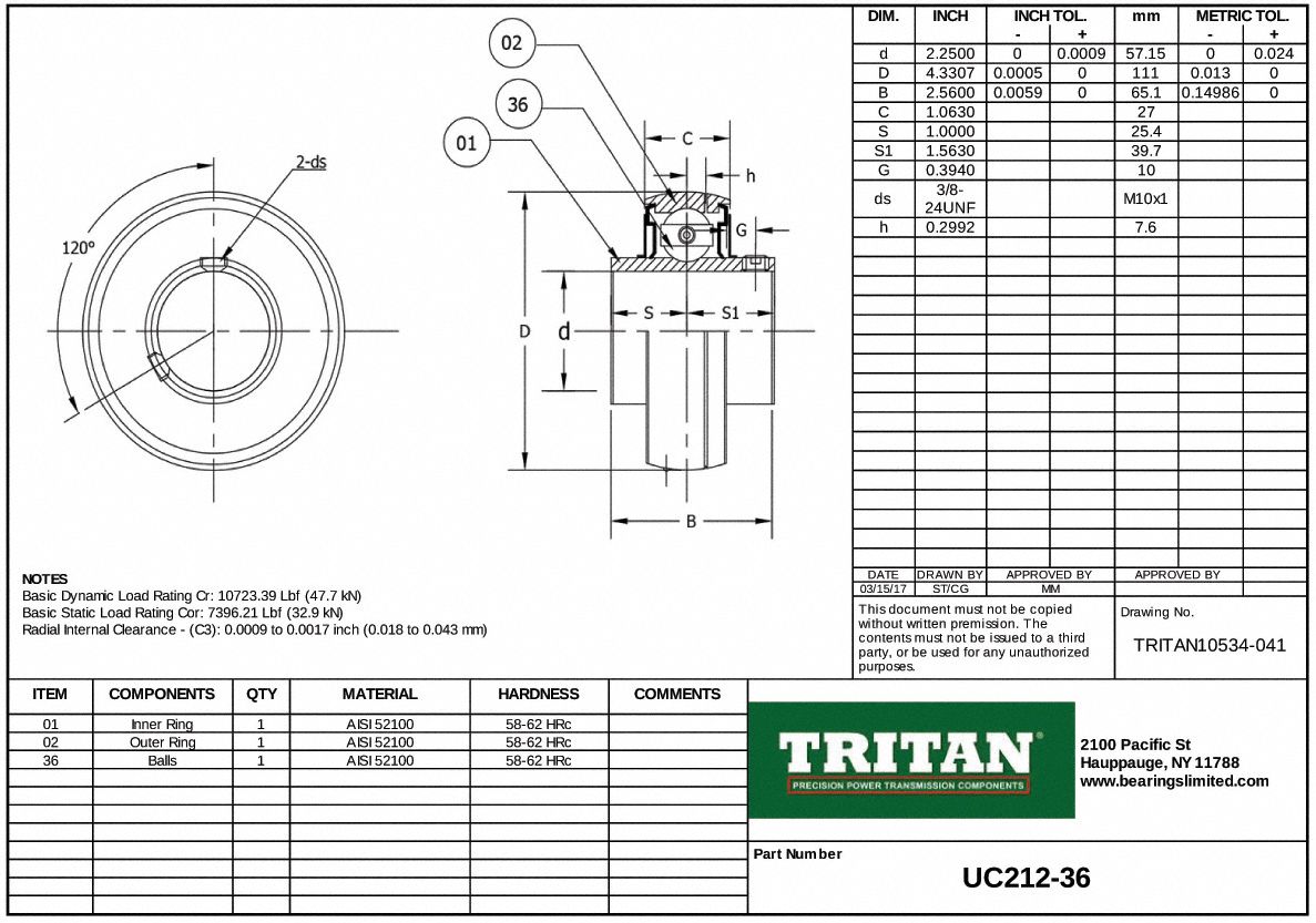 TRITAN Insert Bearing UC21236, 2 1/4 in Bore, 4 21/64 in OD, 1.063 in