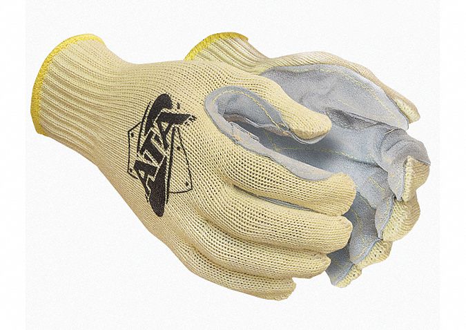 Leather Gloves: L ( 9 ), Leather Palm Knit Glove, Cowhide, Std, ANSI Cut Level A6, Aramid, 12 PK