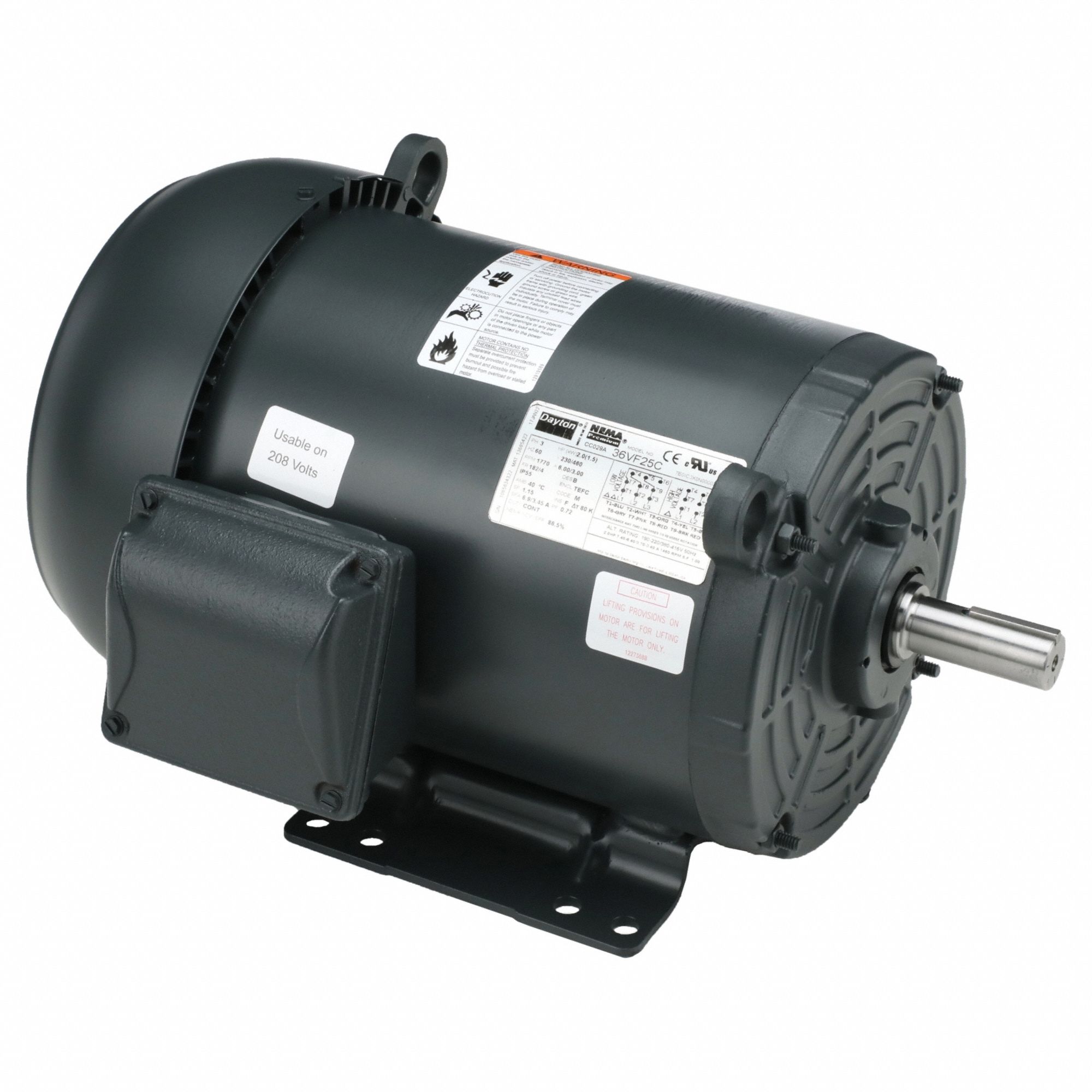 General Purpose Motor: Totally Enclosed Fan Cooled, Rigid Base Mount, 2 HP, 230/460V AC