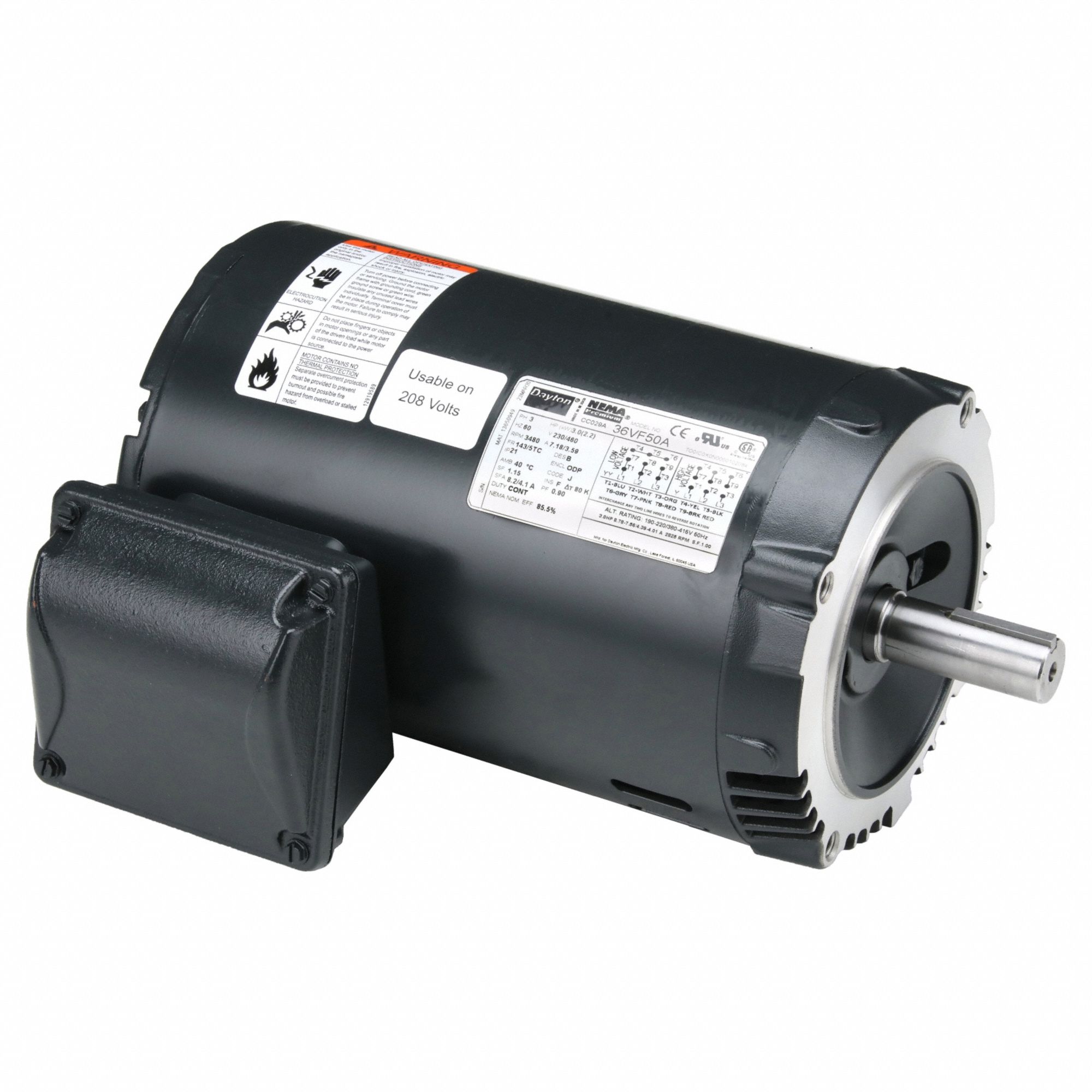 General Purpose Motor: Open Drip Proof, C-Face Mount, 3 HP, 3475 Nameplate RPM, 230/460V AC
