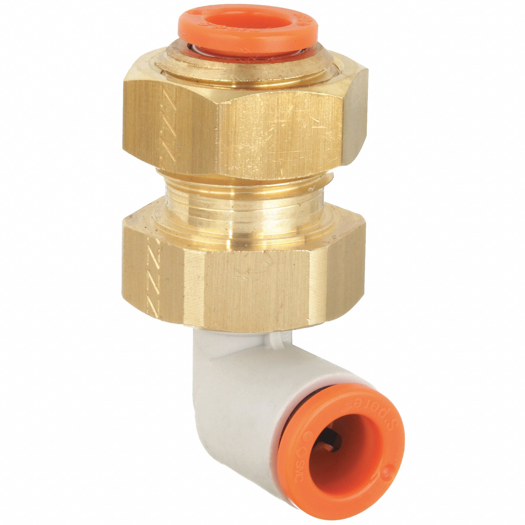 BULKHEAD UNION ELBOW: BRASS, PUSH-TO-CONNECT X PUSH-TO-CONNECT, FOR ¼ IN X ¼ IN TUBE OD