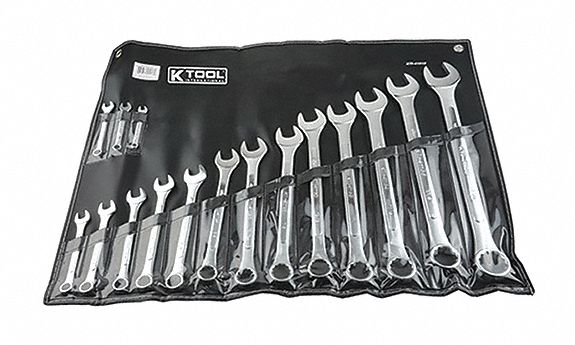 Combination Wrench Set: Alloy Steel, Chrome, 16 Tools, 1/4 in to 1 1/4 in Range of Head Sizes