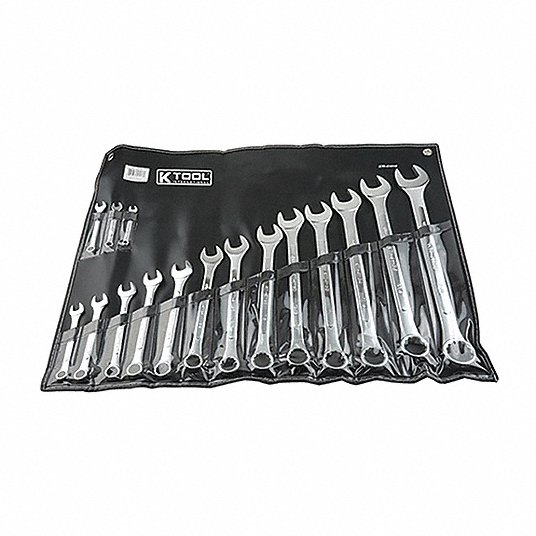 Combination Wrench Set: Alloy Steel, Chrome, 16 Tools, 1/4 in to 1 1/4 in Range of Head Sizes