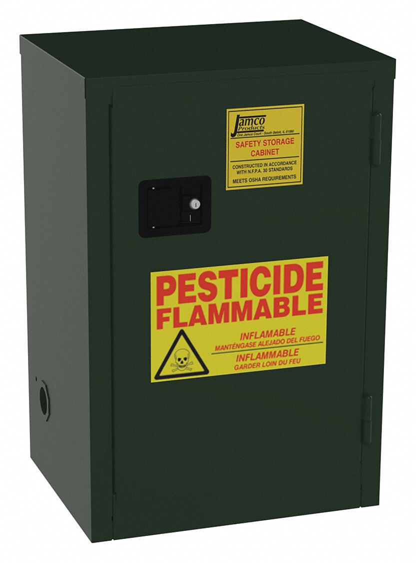 Hazardous Material Storage Cabinet: 12 gal, 23 in x 18 in x 35 in, Green, Manual Close, 1 Shelves