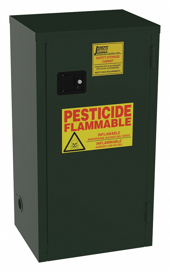 Hazardous Material Storage Cabinet: 18 gal, 23 in x 18 in x 44 in, Green, Manual Close, 2 Shelves