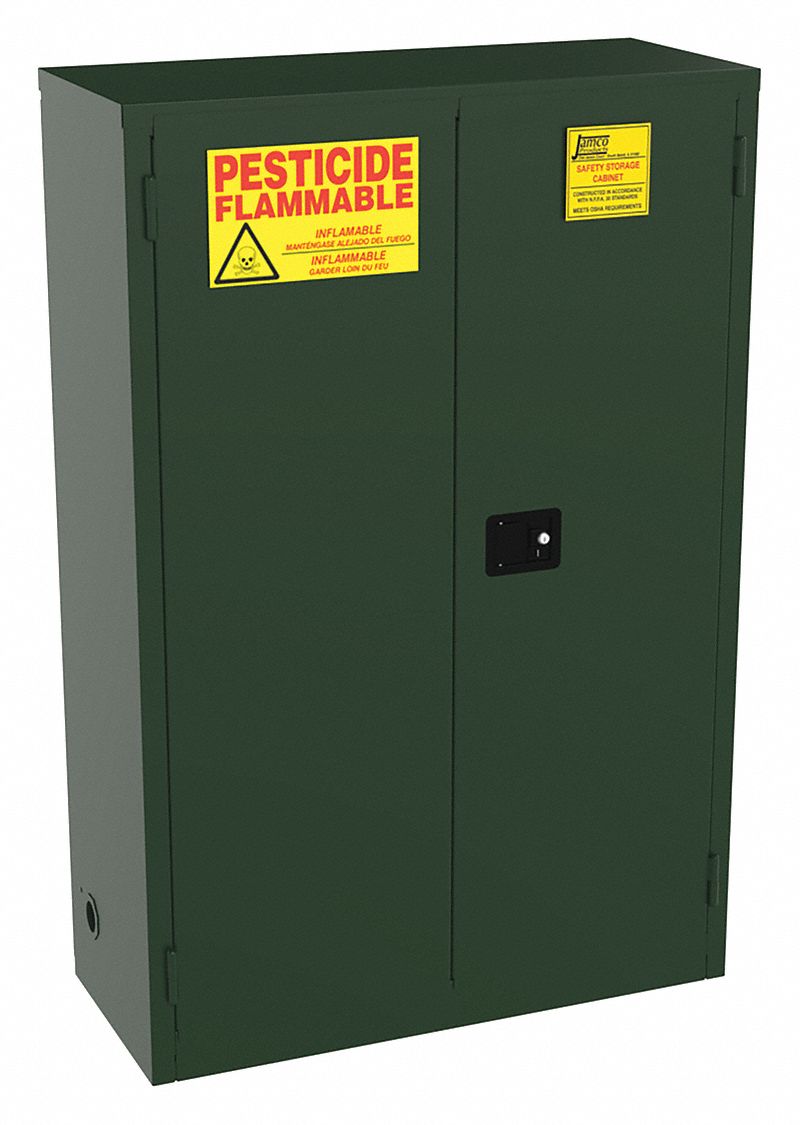 Hazardous Material Storage Cabinet: 45 gal, 43 in x 18 in x 65 in, Green, Manual Close, 2 Shelves