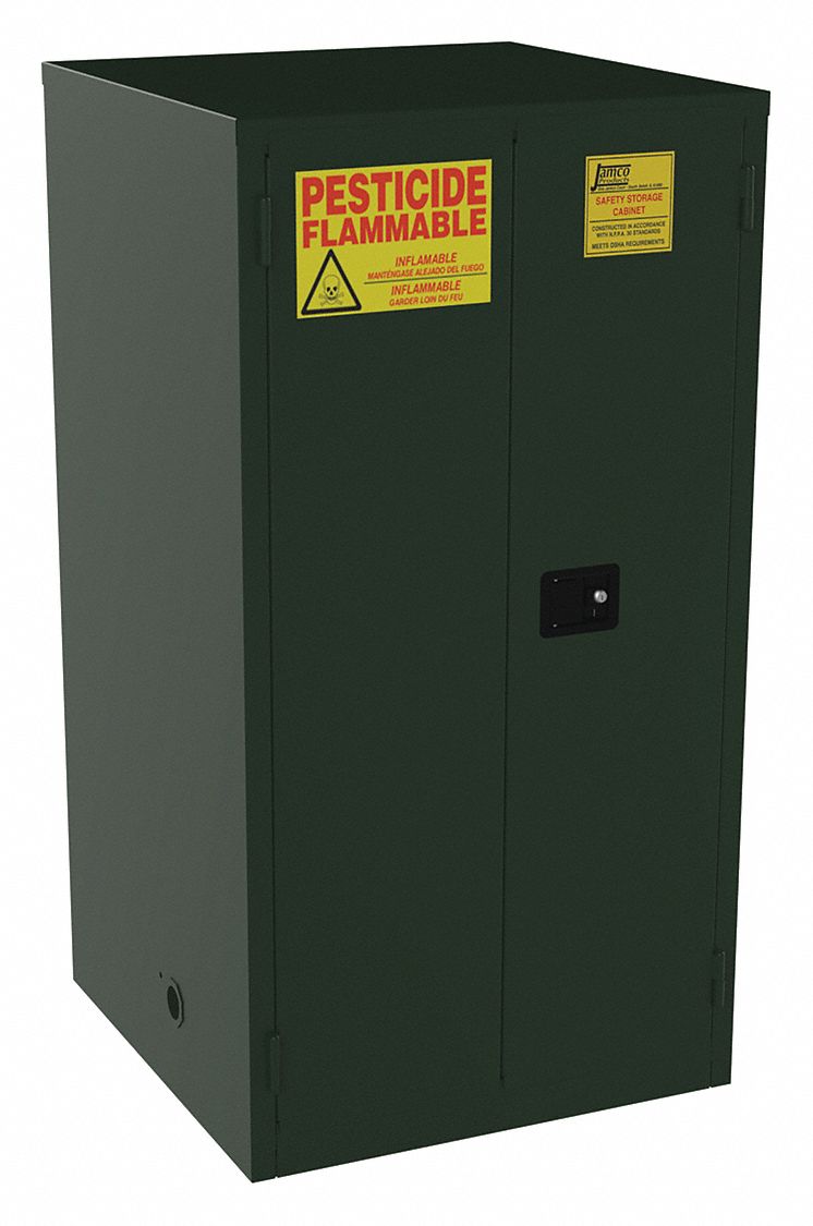 Hazardous Material Storage Cabinet: 60 gal, 34 in x 34 in x 65 in, Green, Manual Close, 2 Shelves