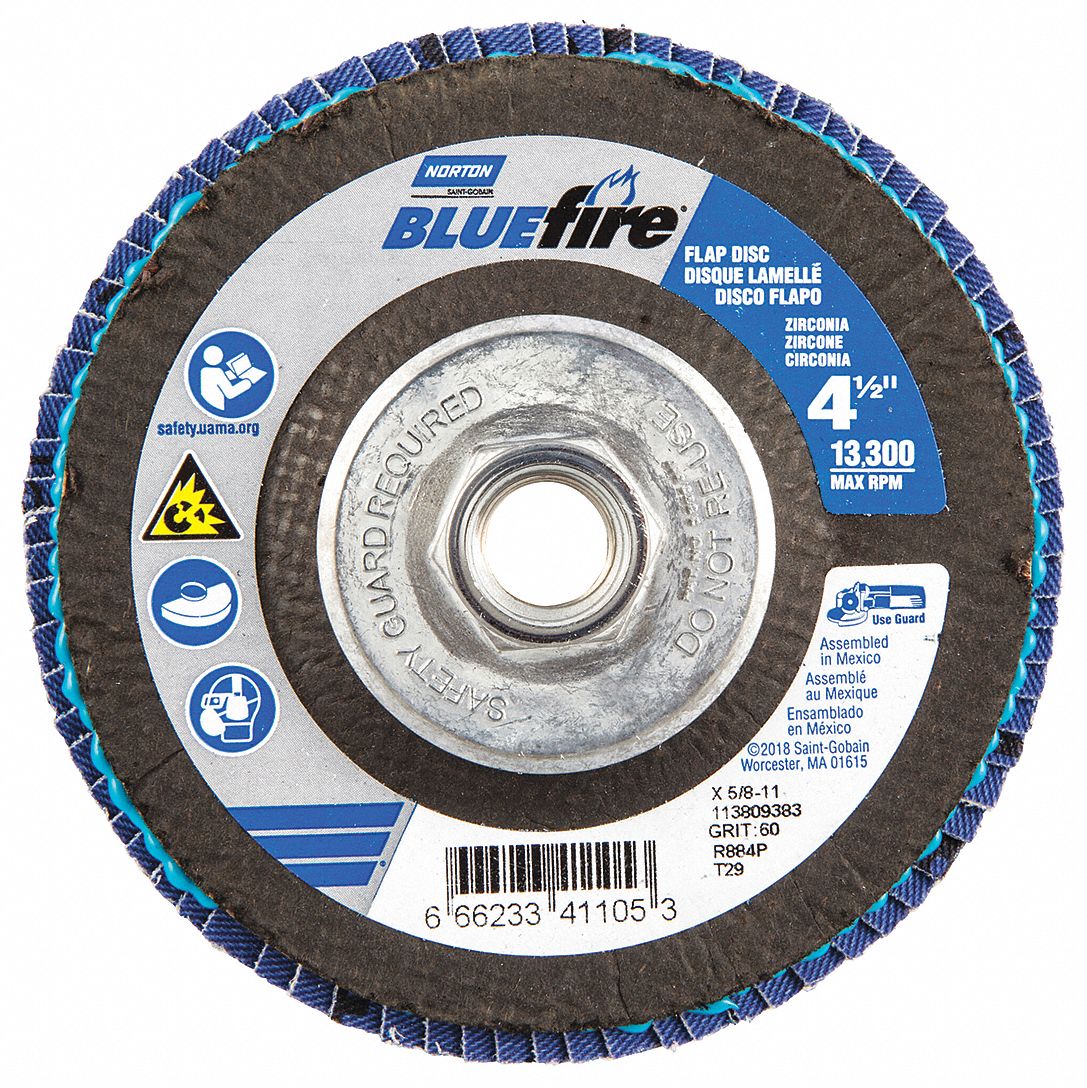 Flap Disc: Type 29, 4-1/2" x 5/8"-11, Zirconia Alumina, P60 Grit, Fiberglass Bk, 2 PK