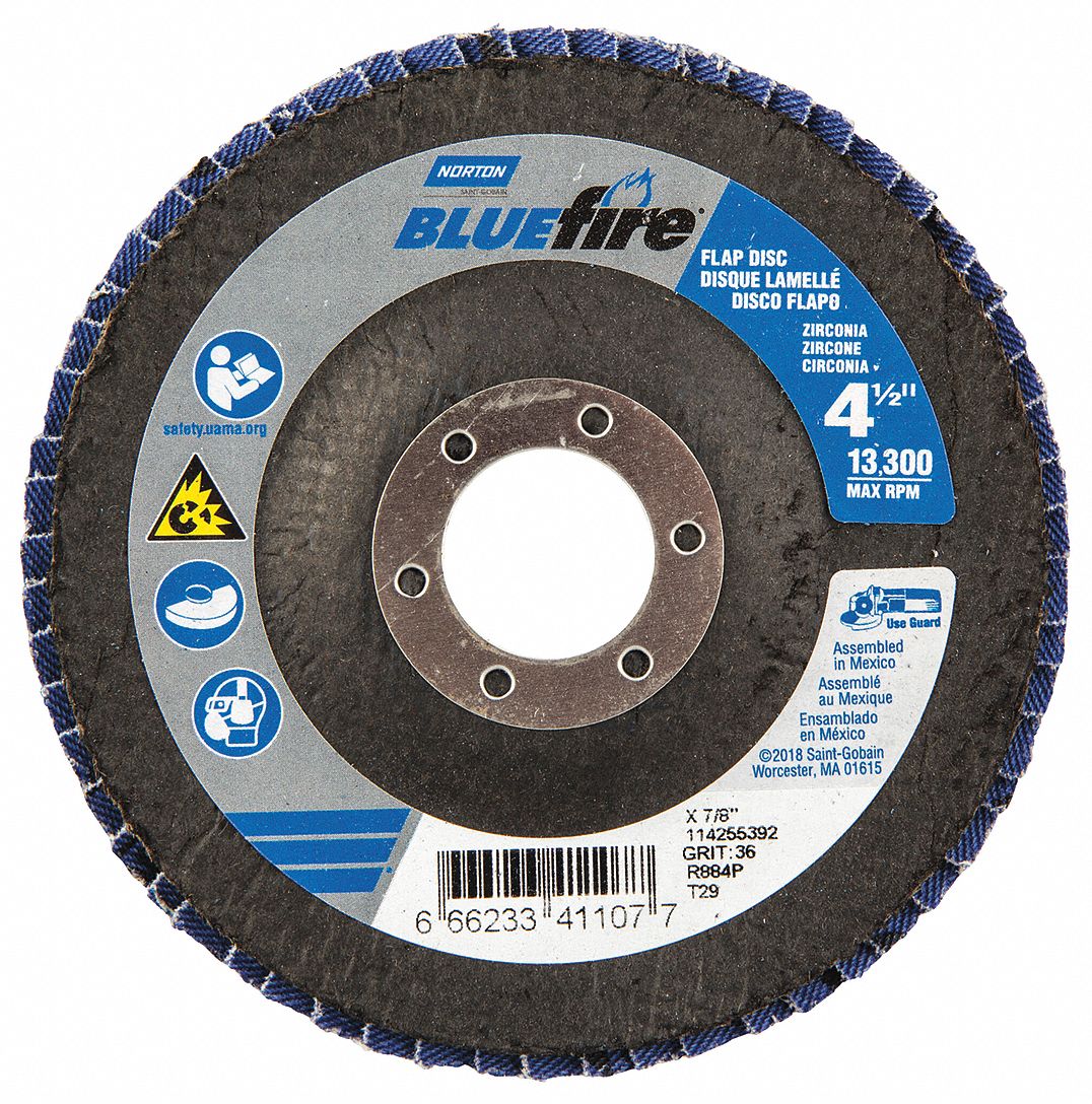 FLAP DISC, TYPE 29, 4½ IN X ⅞ IN, ZIRCONIA ALUMINA, P36 GRIT, FIBREGLASS BACKING, 2 PK