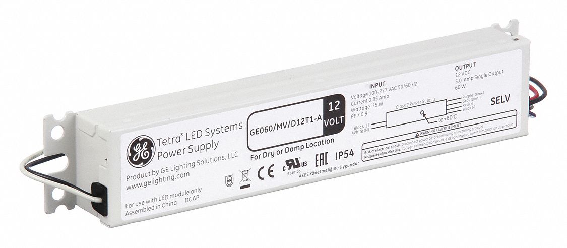 LED Driver: Class 2, 60 W Max. Power Output, 90 to 305V AC, 11.4 to 12.6V DC, 0.5 to 5 A
