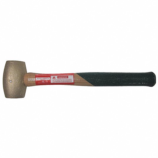 Brass Mallet: Wood Handle, 5 lb Head Wt, 1 7/8 in Dia, 4 in Head Lg, 16 in Overall Lg, Bronze