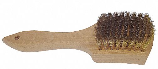 Scratch Brush: Curved Handle, Brass, Wood, 3 in Brush Lg, 6 in Handle Lg