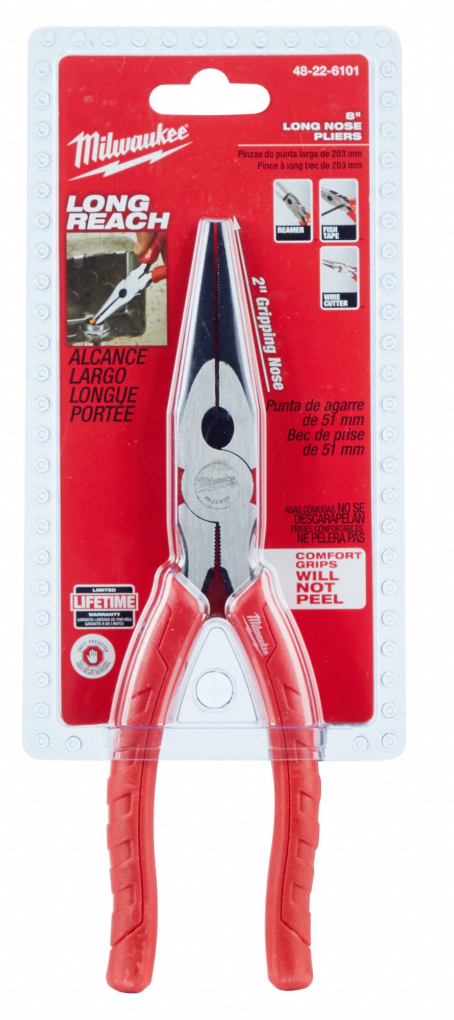 MILWAUKEE Long Nose Pliers, Jaw Length 2 1/2 in, Jaw Width 29/64 in