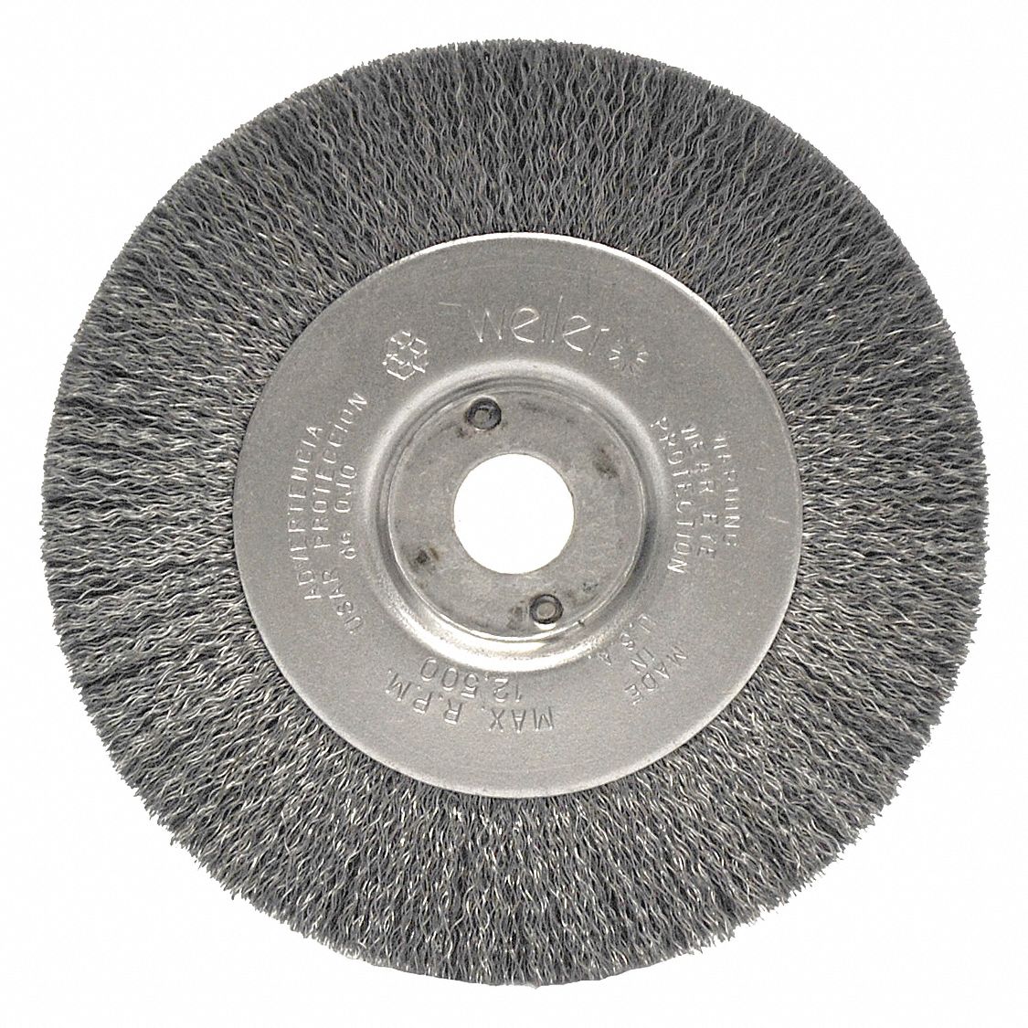WIRE WHEEL BRUSH, CRIMPED STAINLESS STEEL, 4 IN DIAMETER X ½ IN W, ½ IN TO ⅜ IN ARBOUR, 0.012 IN FILL