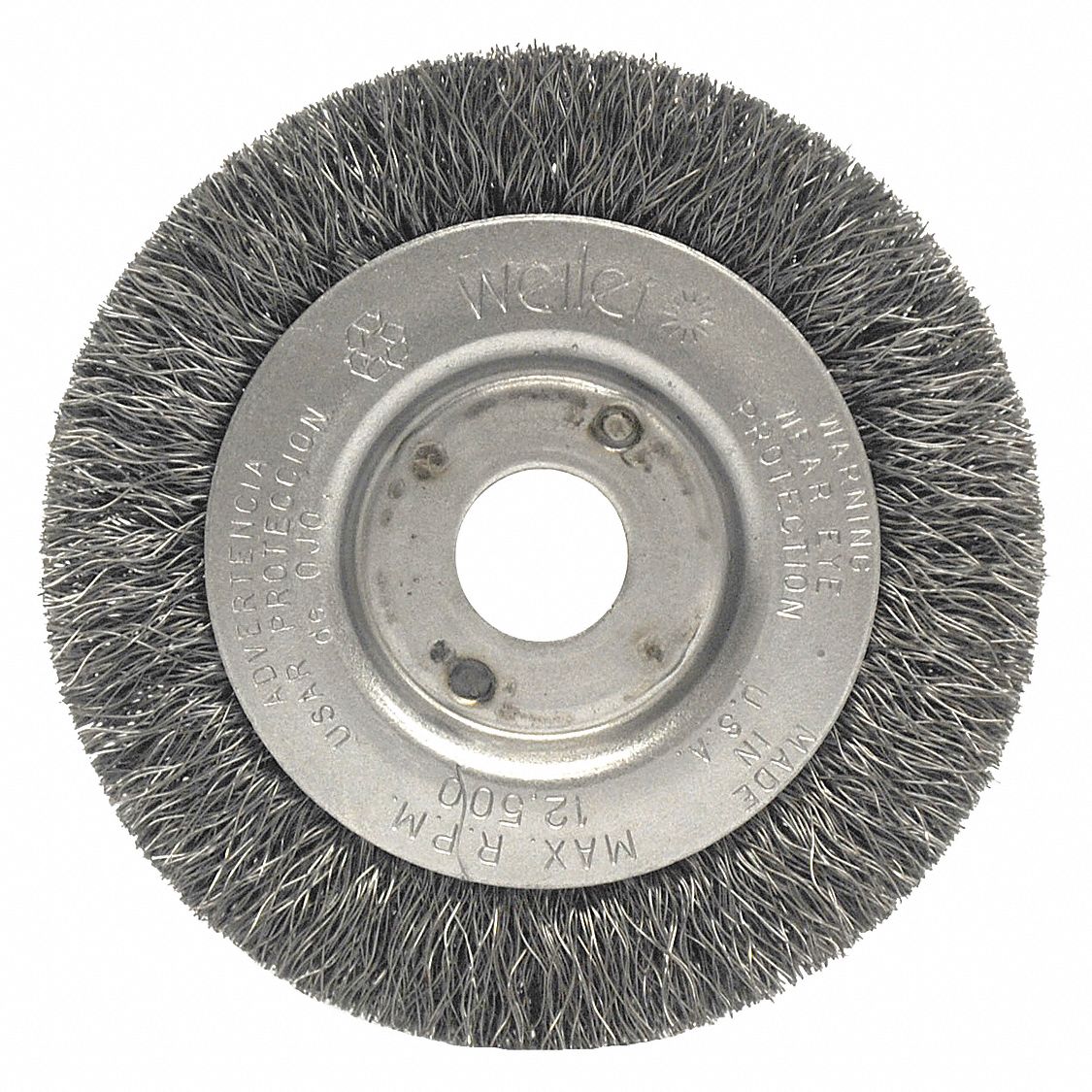 Wire Wheel Brush: Crimped Steel, 3" Dia x 7/16" Wd, 1/2" to 3/8" Arbor, 0.012" Fill