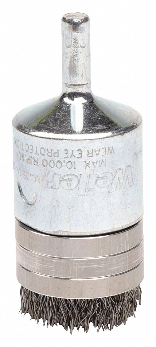 Banded End Brush: Crimped Steel, 1 in Dia, 0.01 in Fill Dia, 1/4 in Shank