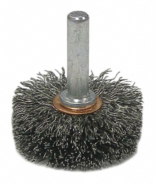 WIRE WHEEL BRUSH, CRIMPED STEEL, 1¾ IN DIAMETER X ½ IN W, ¼ IN SHANK, 0.006 IN FILL
