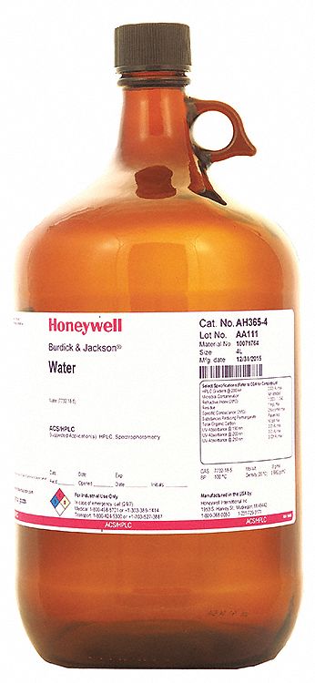 Water: HPLC, 4 L, 7732-18-5, 100% Concentration, Solvent, Liquid, Bottle, Glass, 18 mo Shelf Life, 1
