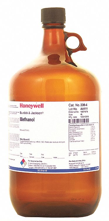 Methanol: 100% Concentration, 67-56-1, 32.04, CH3OH, Clear Glass, Bottle,  HPLC, Solvents, 4 PK
