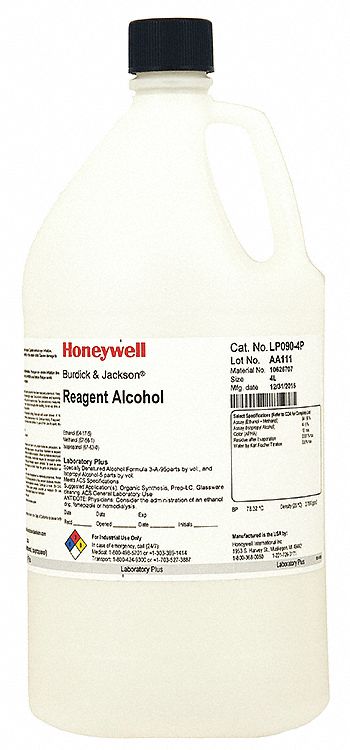 Reagent Alcohol: ACS, 4 L, 67-63-0, 100% Concentration, Solvent, Liquid, Bottle, Glass, 4