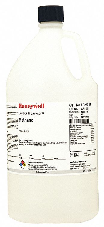Methanol: ACS, 4 L, 67-56-1, 0.998, Solvent, Liquid, Bottle, Glass, 18 mo Shelf Life, 4