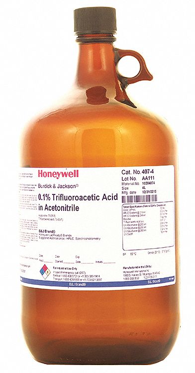 Acetonitrile: HPLC, 4 L, 75-05-8, 0.1% Concentration, Acid, Liquid, Bottle, Glass, 4