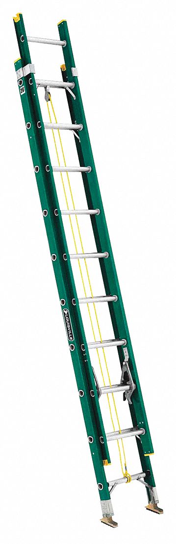 Extension Ladder: 20 ft Ladder Size, Fiberglass, 225 lb Load Capacity, 39 lb Wt