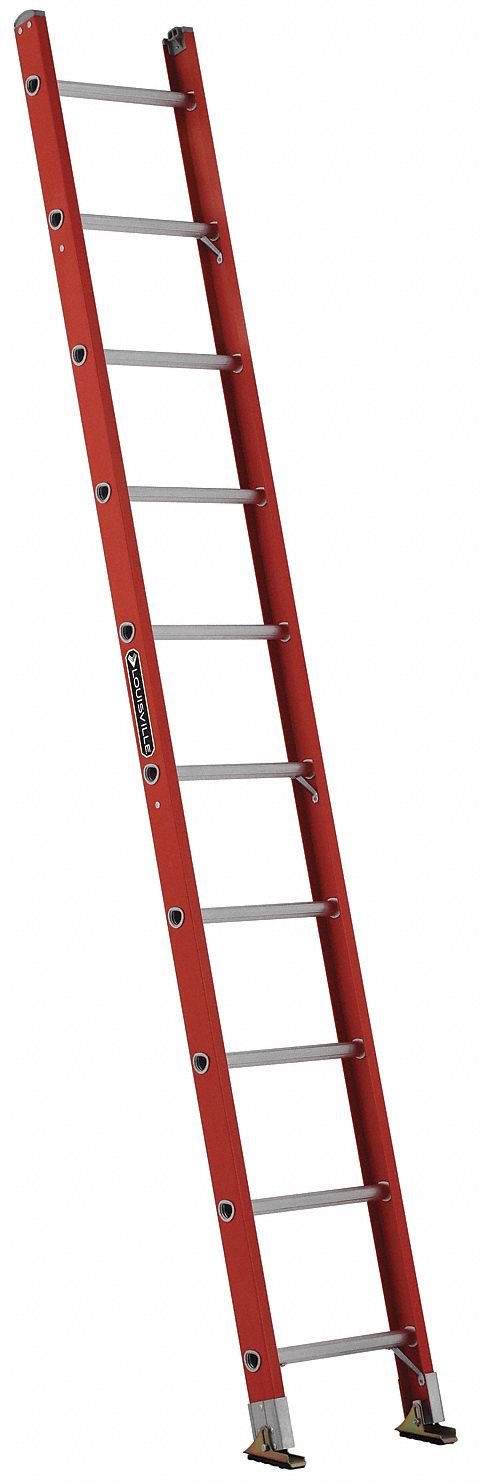 STRAIGHT LADDER, 10 FT OVERALL H, FIBREGLASS, 300 LB MAX LOAD CAPACITY, 21 LB W