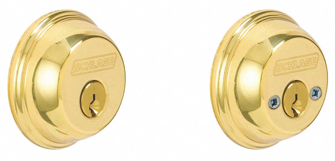 Deadbolt Lock: Cylindrical, 1 3/8 in Door Thick - Max, Brass