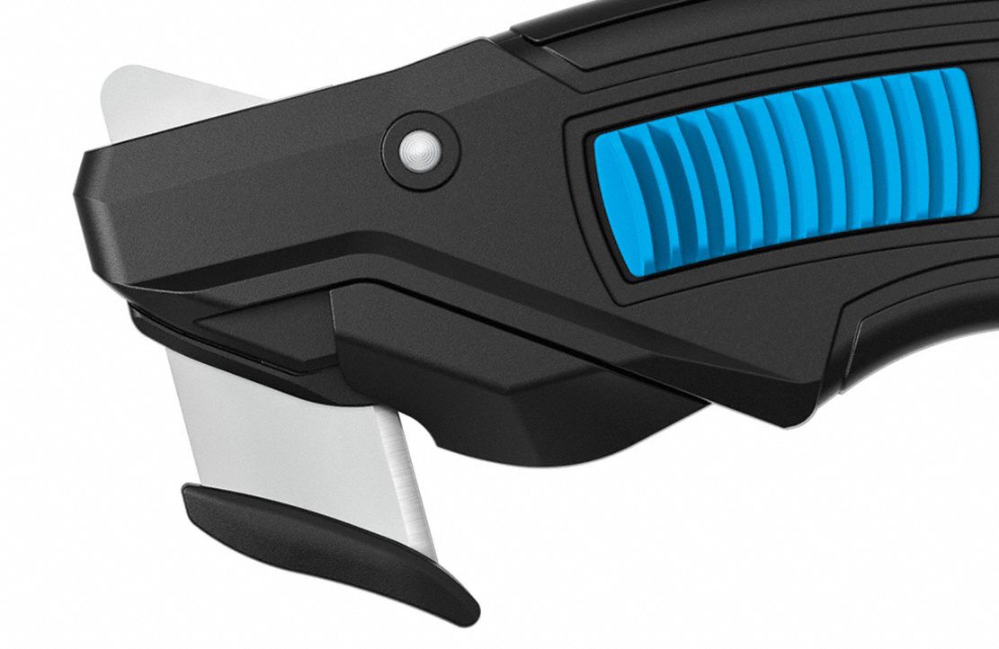 MARTOR Safety Cutter: 6 7/16 in Overall Lg, Contoured Handle, Plain, Steel, Black, 2 1/4 in Blade Lg (MPN 370001.02). Key specifications — attr307620: Black; attr307617: Contoured; attr307618: Plain; attr307619: Steel; attr307627: Includes Tape Splitter; attr307634: Concealed; attr324885: MARTOR.