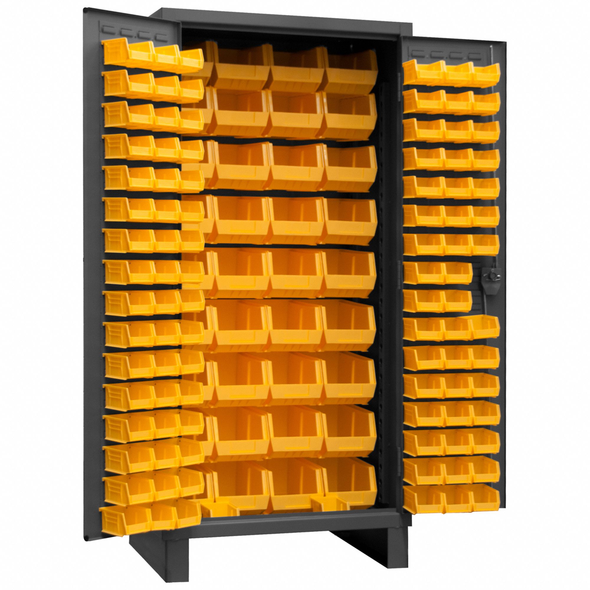Bin Cabinet: 36 in x 24 in 78 in, 0 Shelves, 132 Bins, Yellow, Flush, 14 ga Panel, Gray