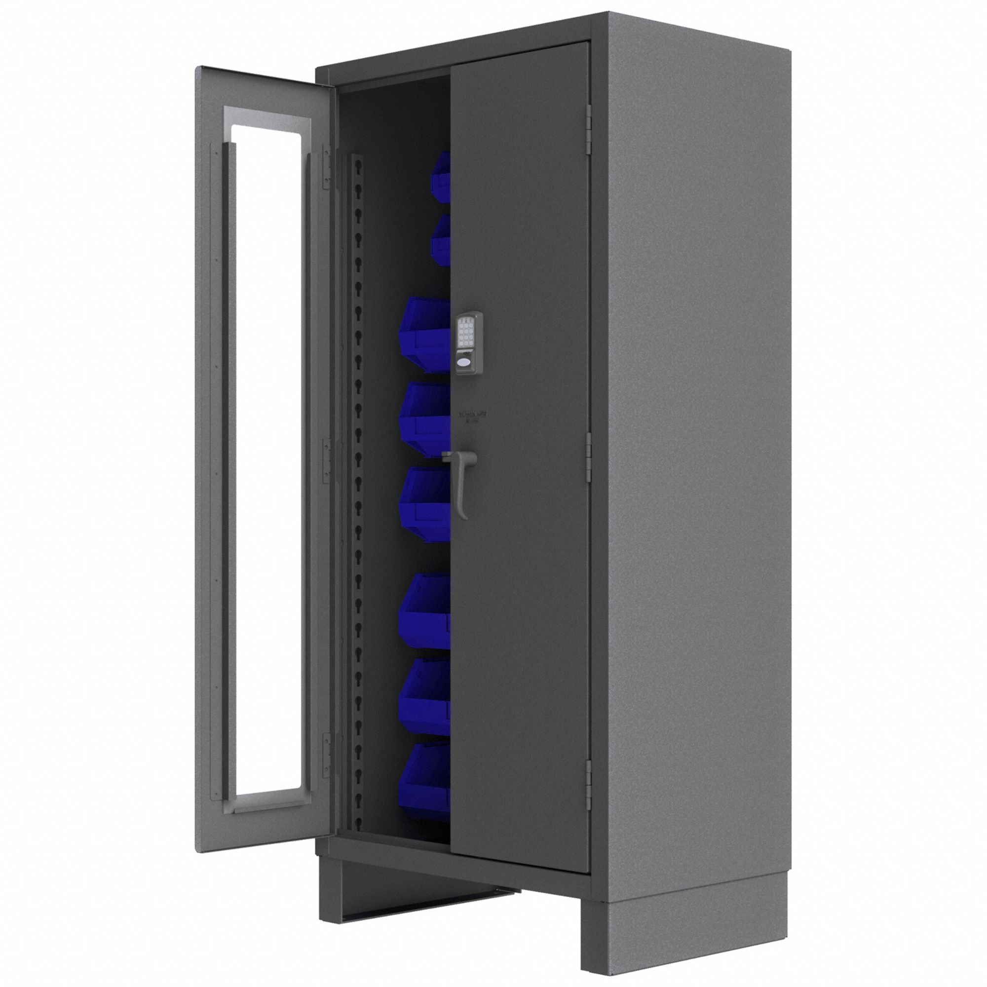 BIN CABINET, 36 IN X 24 IN 78 IN, 30 BINS, BLUE, CLEARVIEW/SOLID, 14 GA PANEL