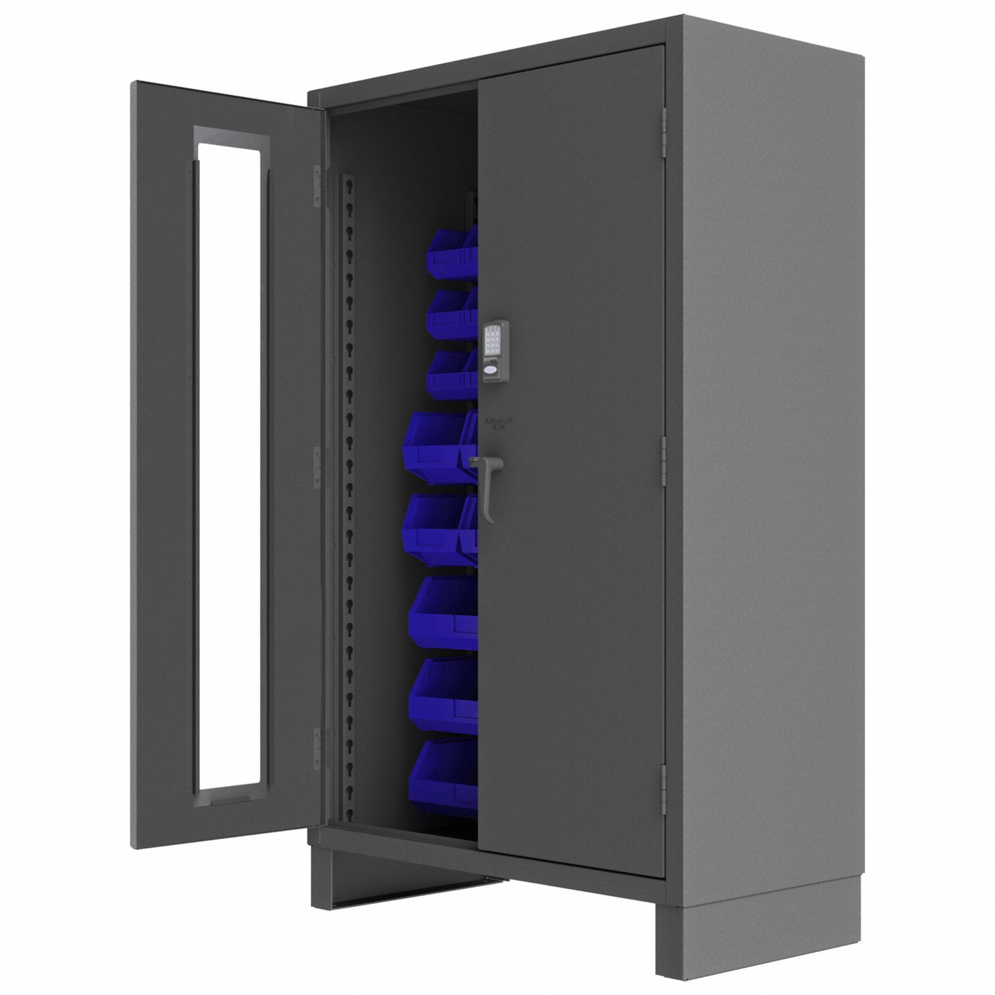 BIN CABINET, 48 IN X 24 IN 78 IN, 42 BINS, BLUE, CLEARVIEW/SOLID, 14 GA PANEL