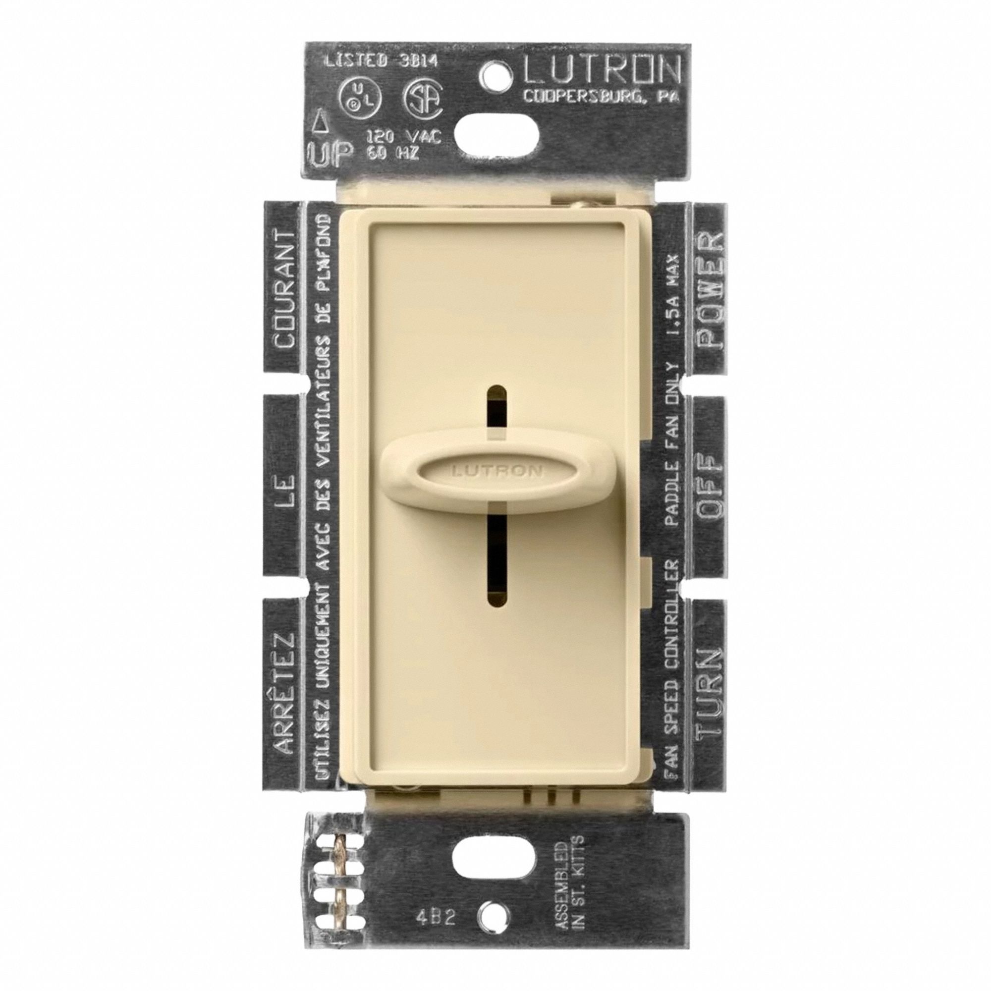 Speed Control: Rocker/Single Slide, SPST, 1 Switches or Dials, 120V AC, Ivory Plate, 1.5 A, Ivory