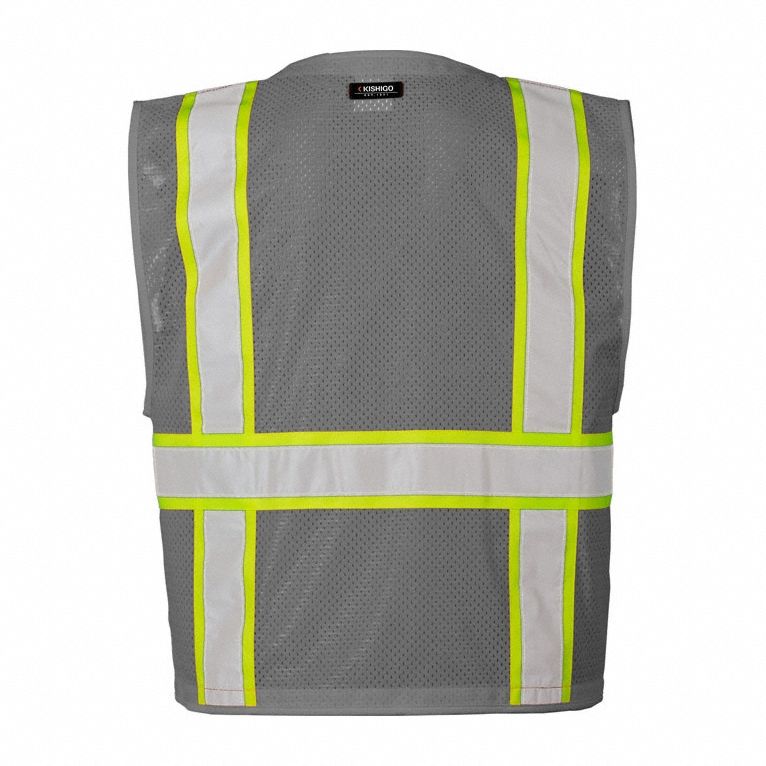 Safety Vest: Safety Vest ANSI Class Unrated, Gray, Polyester Mesh, Zipper, 2XL/3XL Vest Size