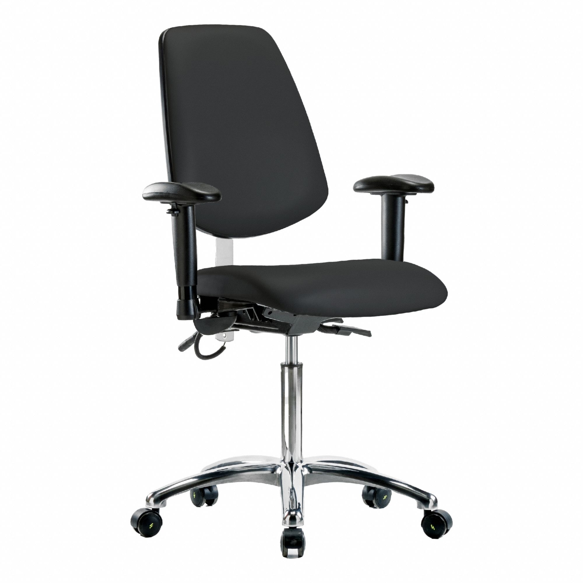 ESD Task Chair: Vinyl, Arms Included, Ht Range 21 1/2 in to 29 in, 18 1/2 in Seat Wd, 17 in Seat Dp