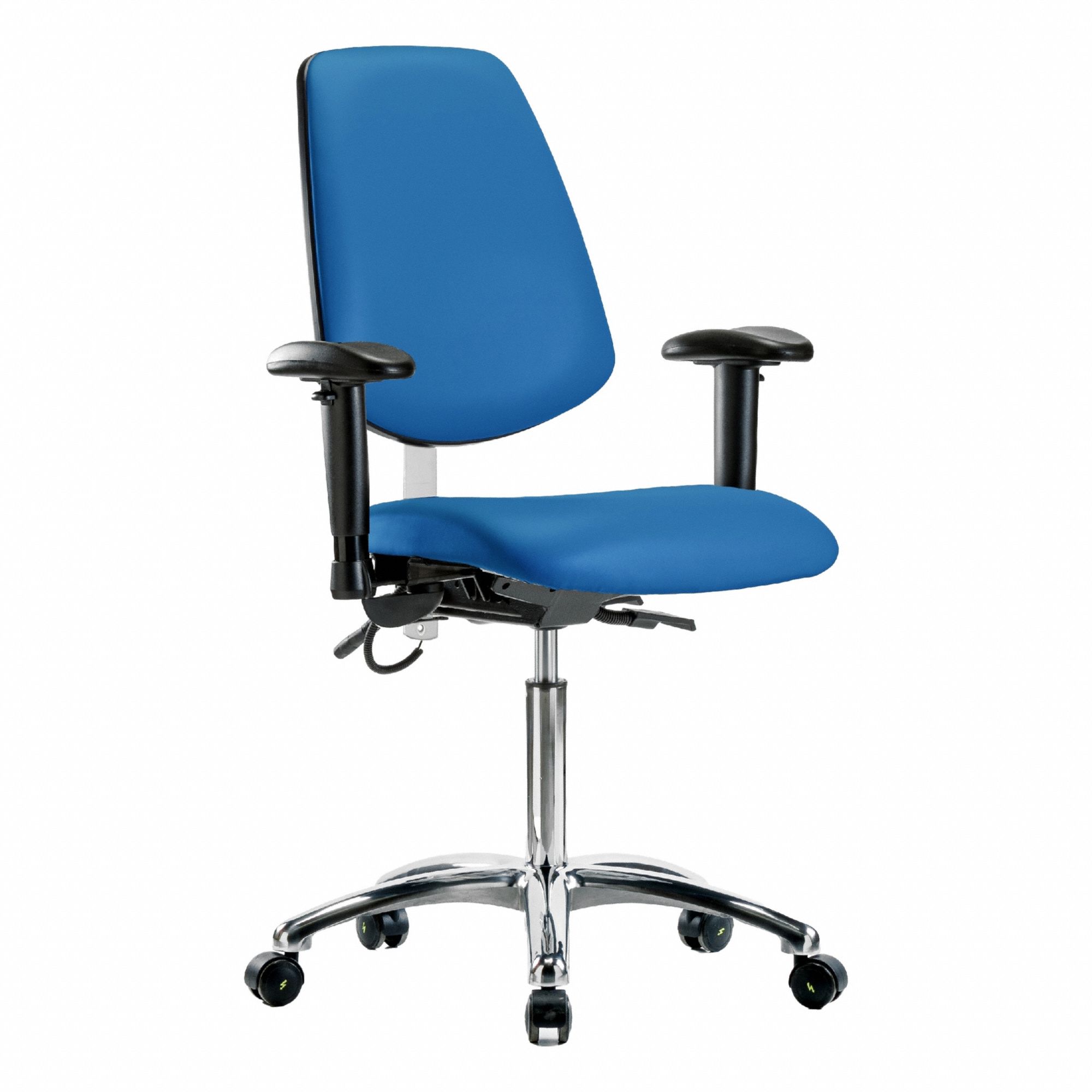 ESD Task Chair: Vinyl, Arms Included, Ht Range 21 1/2 in to 29 in, 18 1/2 in Seat Wd, 17 in Seat Dp