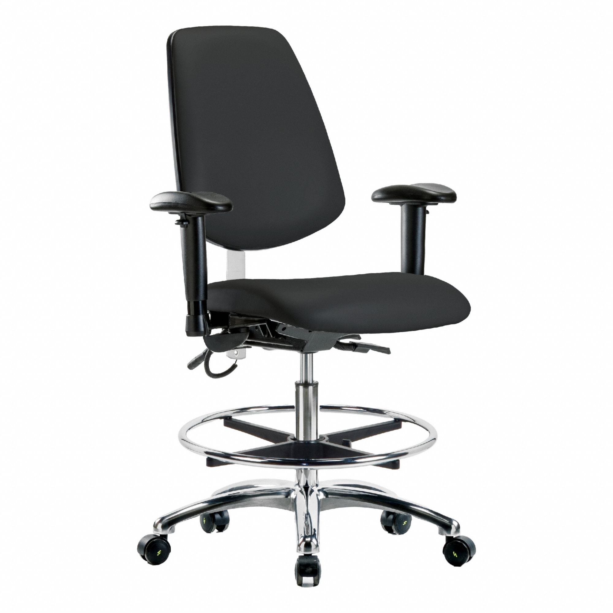 ESD Task Chair: Vinyl, Arms Included, Ht Range 21 1/2 in to 29 in, 18 1/2 in Seat Wd, 17 in Seat Dp
