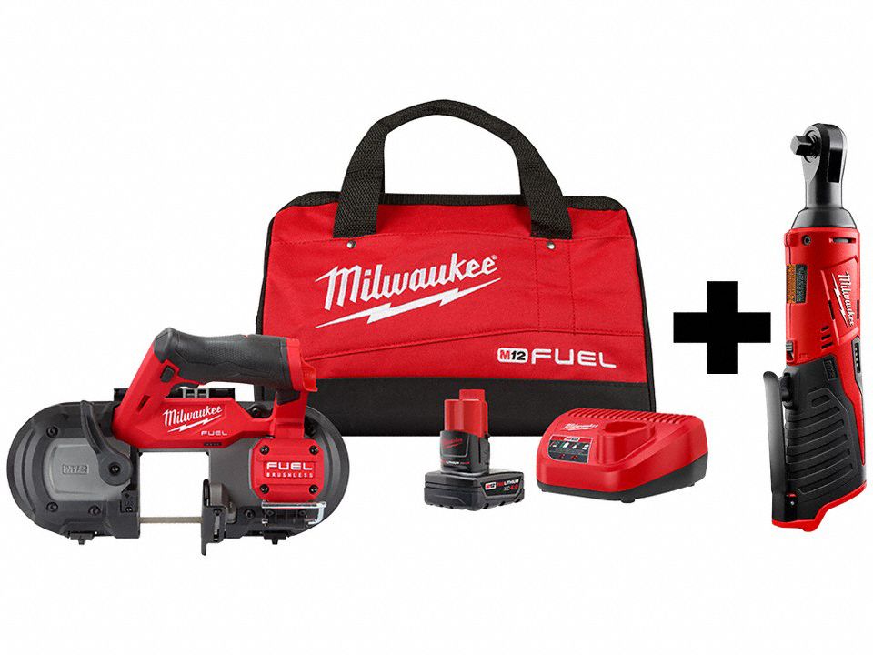 MILWAUKEE, 12 V Volt, 2 Tools, Band Saw Kit and Ratchet 377PF02529