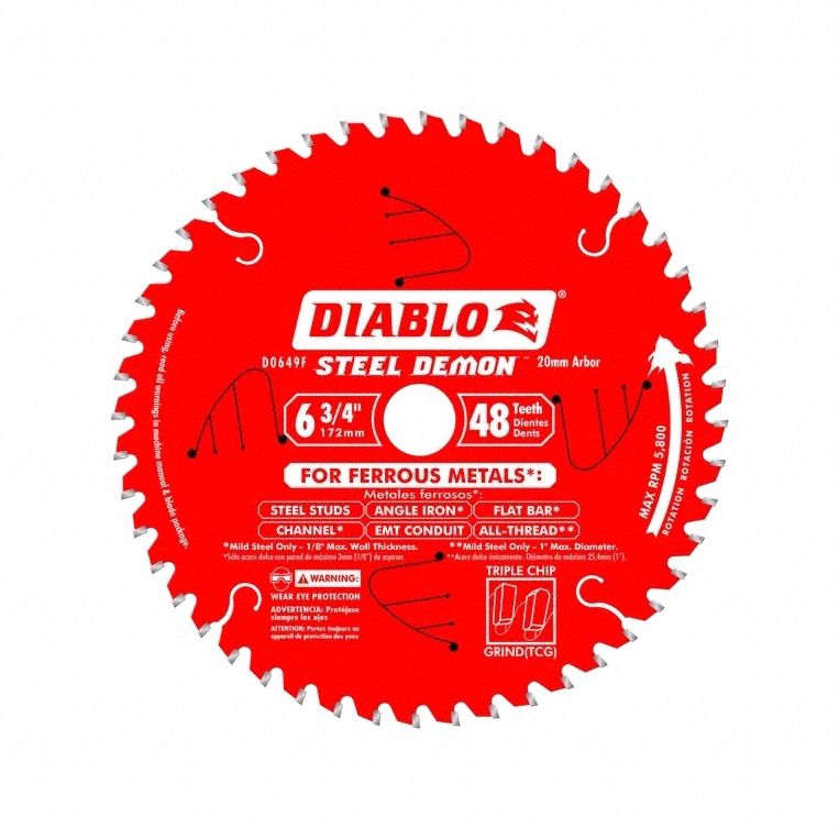 DIABLO Circular Saw Blade: 6 3/4 in Blade Dia., 48 Teeth, 0.07 in Cut Wd, 13/16 in Arbor Size (MPN D0649F). Key specifications — attr1116119: DIABLO; attr1145631: Metal.